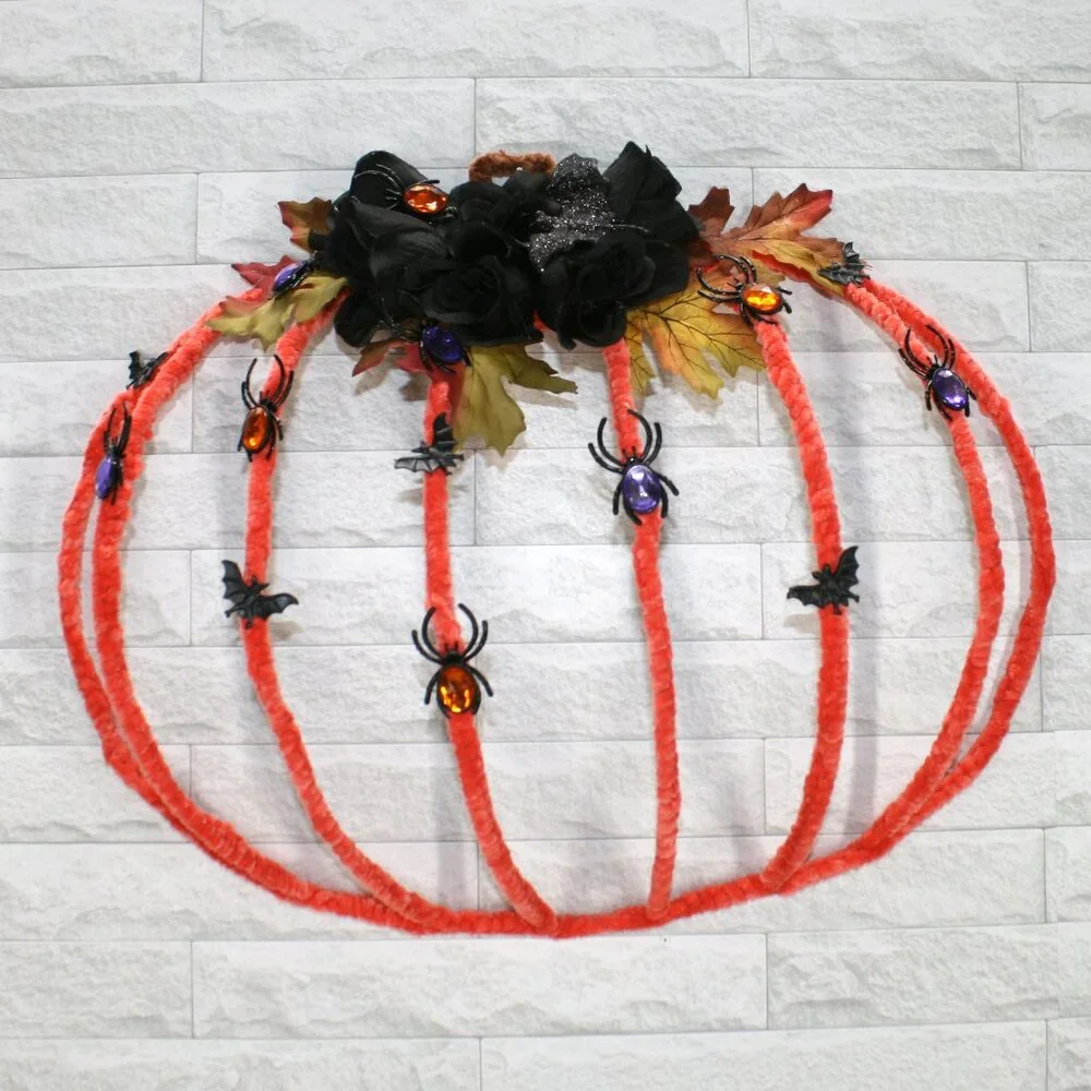 HAND CRAFTED Wreath Halloween Holiday Pumpkin Spiders Bats Orange Door Wall Art